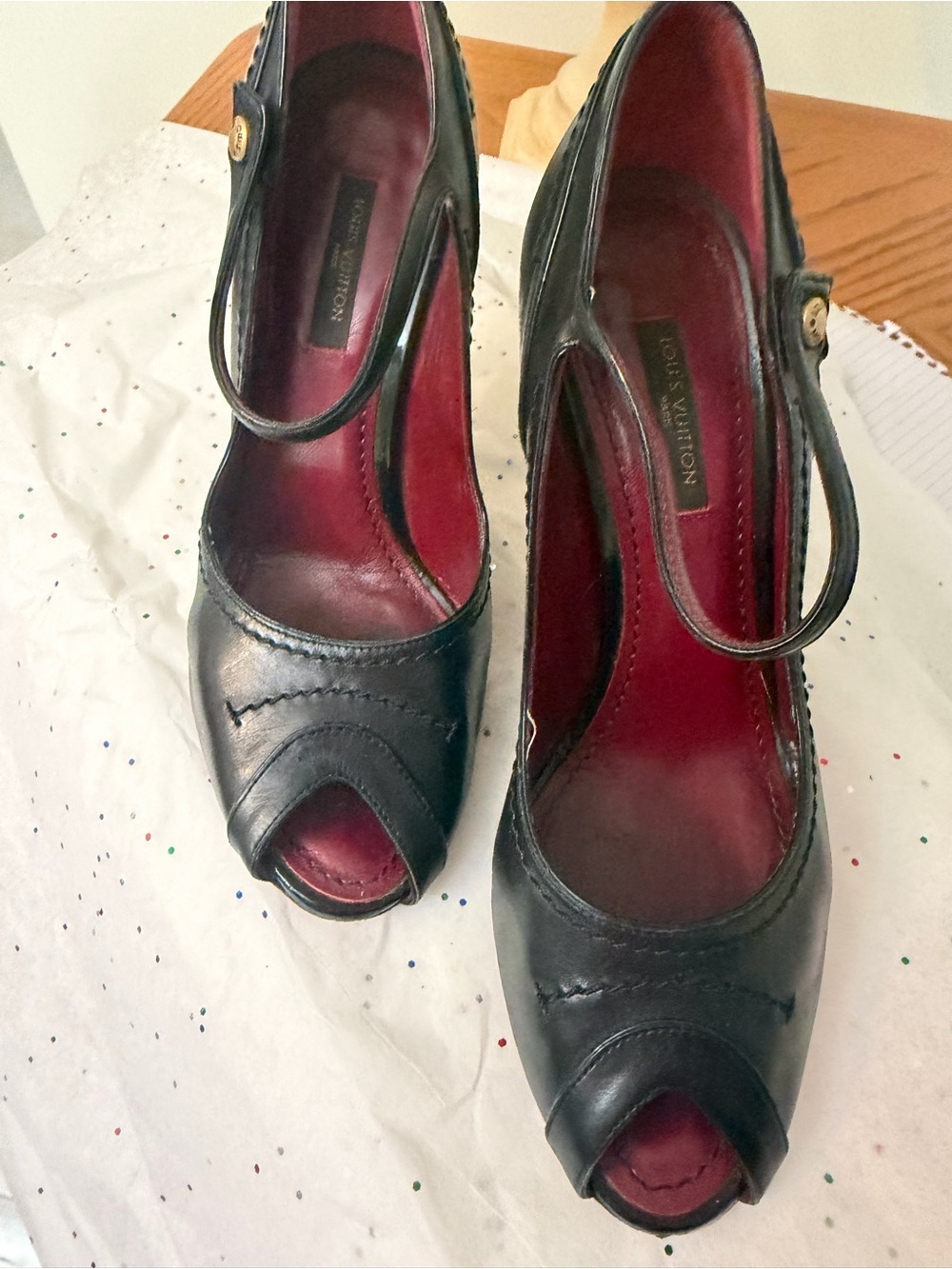Louis Vuitton Black Leather Peep-Toe Mary Jane Heels with Red Lining